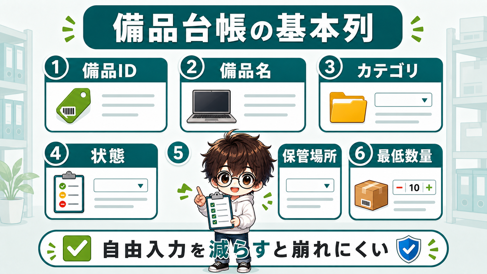 PowerApps備品管理の備品台帳で持つ基本列の図解