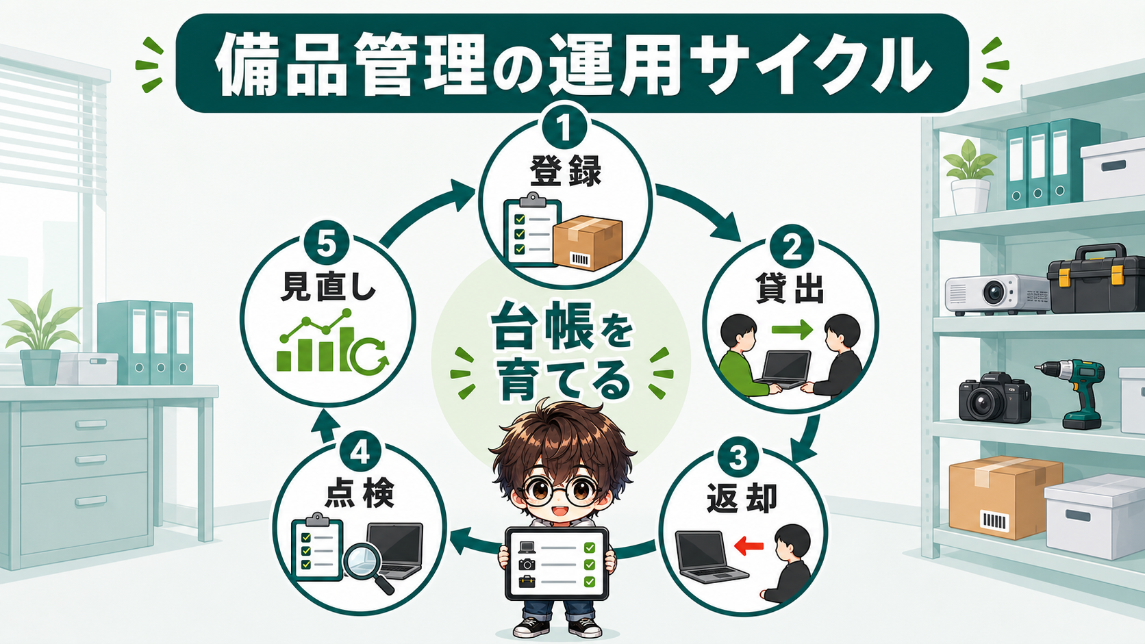 PowerApps備品管理の登録貸出返却点検見直しの運用サイクル図解